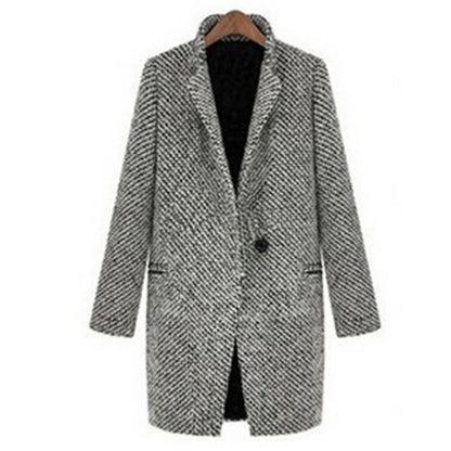 Women's Long Woolen Coat - Casual Style with Single Button