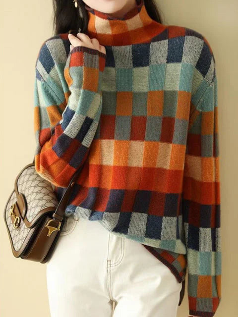 Neploe Colorful Checkerboard Knitted Sweater