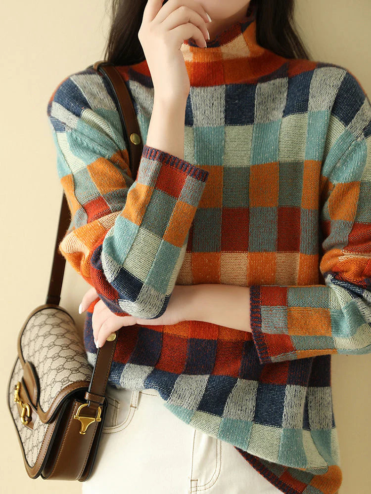 Neploe Colorful Checkerboard Knitted Sweater