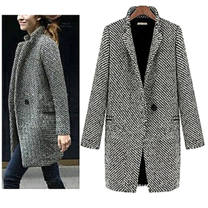 Women's Long Woolen Coat - Casual Style with Single Button