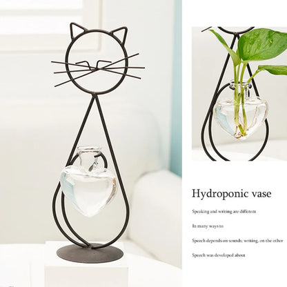 Hydroponic Glass Cat-Shaped Vase with Metal Holder - Emelay