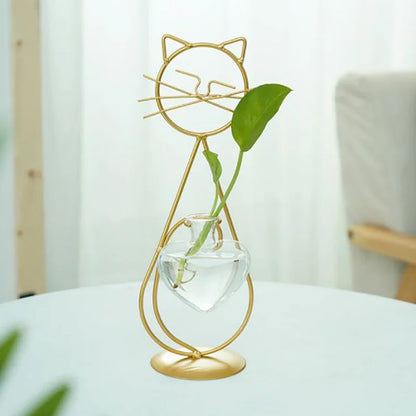 Hydroponic Glass Cat-Shaped Vase with Metal Holder - Emelay