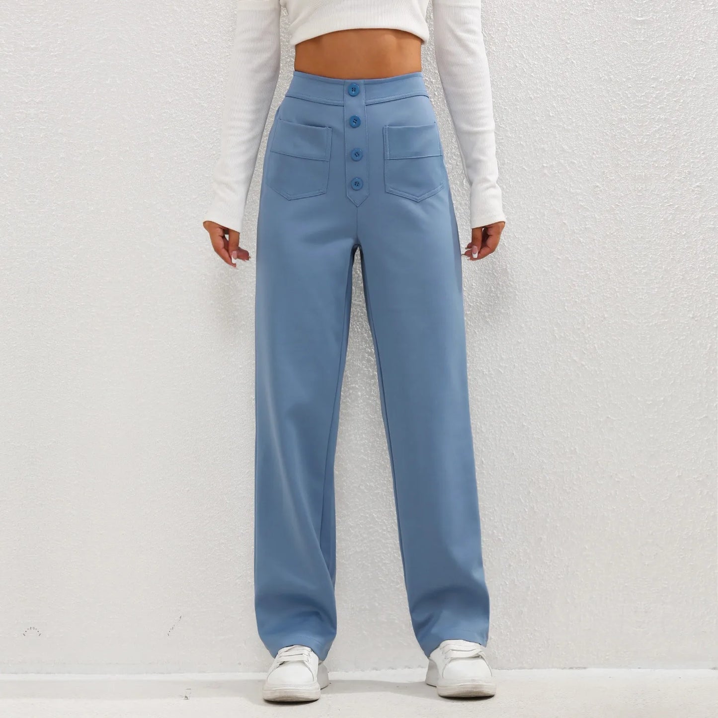 High Waist Button Elastic Pants