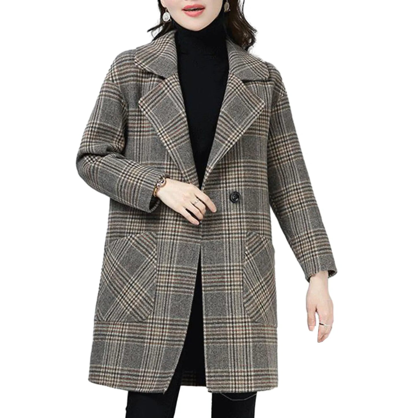 Women's Long Woolen Coat - Casual Style with Single Button