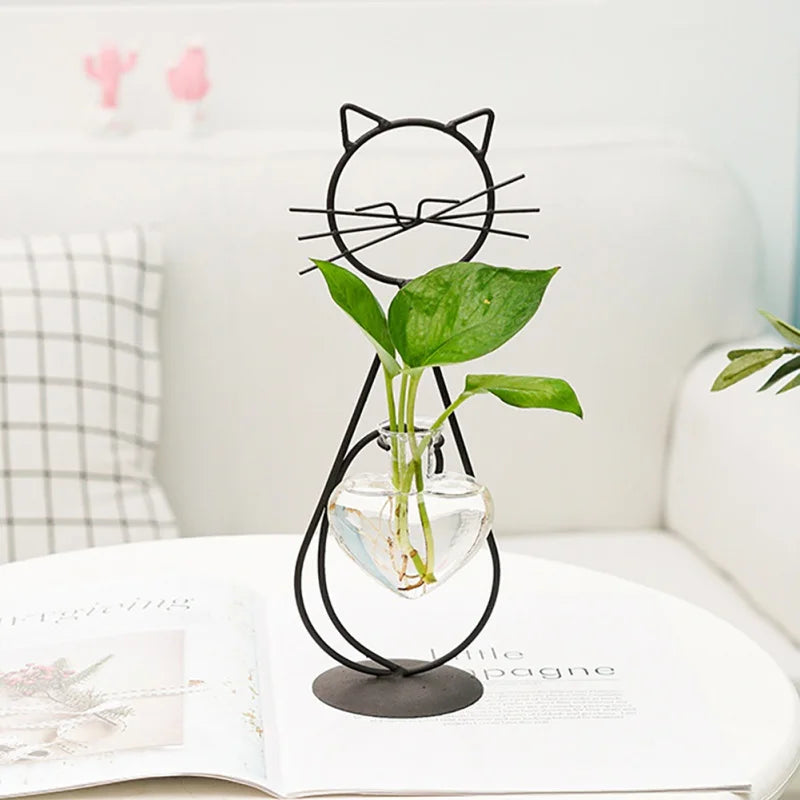 Hydroponic Glass Cat-Shaped Vase with Metal Holder - Emelay