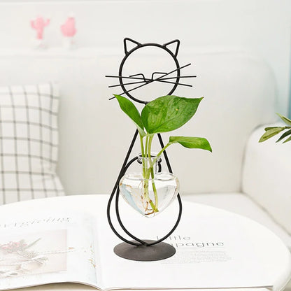 Hydroponic Glass Cat-Shaped Vase with Metal Holder - Emelay