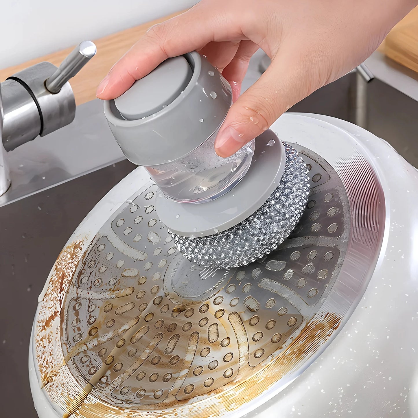 Steel Kitchen Brush with Built-in Soap Dispenser