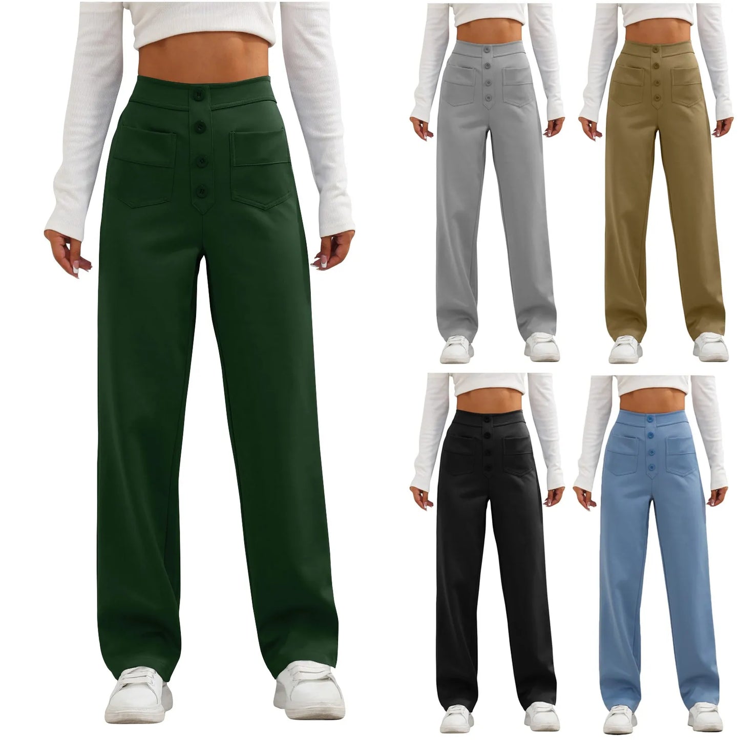 High Waist Button Elastic Pants