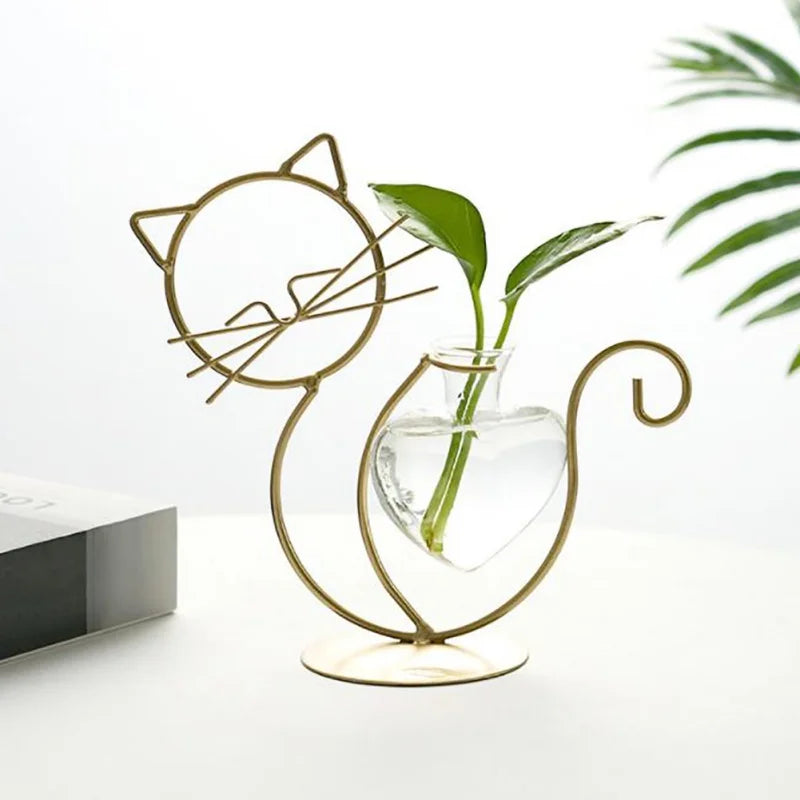 Hydroponic Glass Cat-Shaped Vase with Metal Holder - Emelay