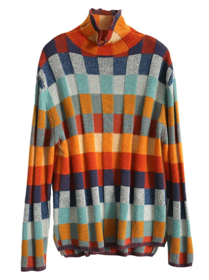 Neploe Colorful Checkerboard Knitted Sweater