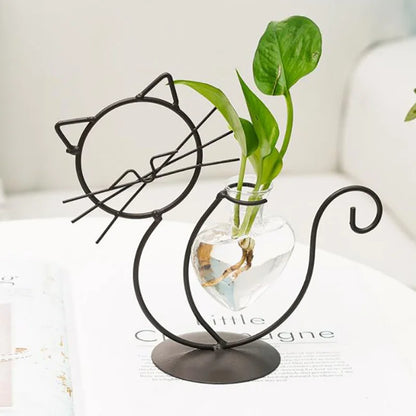 Hydroponic Glass Cat-Shaped Vase with Metal Holder - Emelay