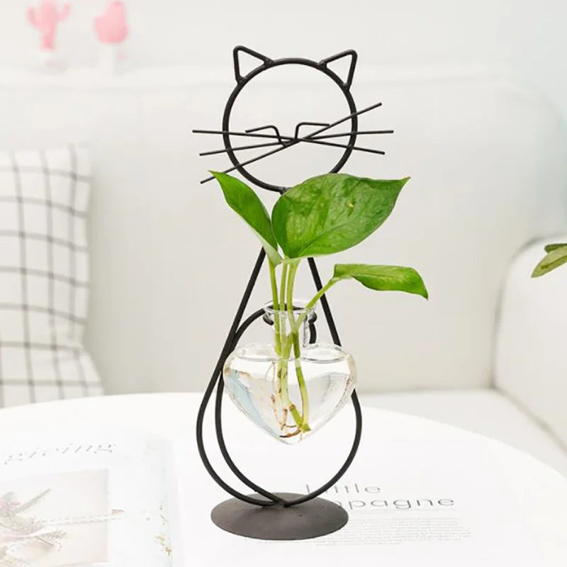 Hydroponic Glass Cat-Shaped Vase with Metal Holder - Emelay