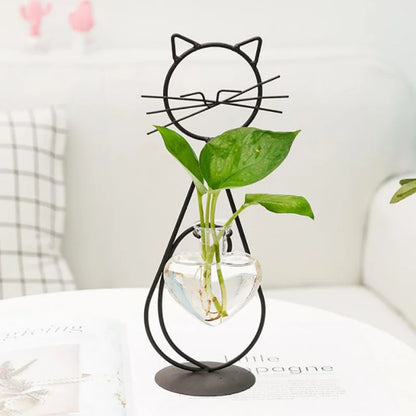 Hydroponic Glass Cat-Shaped Vase with Metal Holder - Emelay