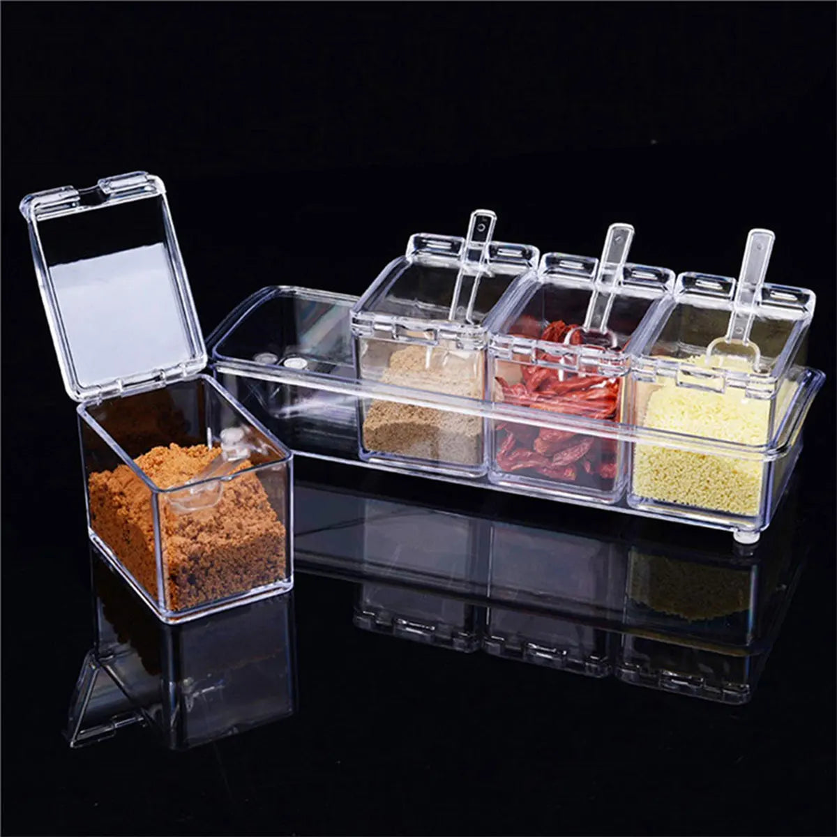 Transparent Spice Box with Independent Compartments and Spoons