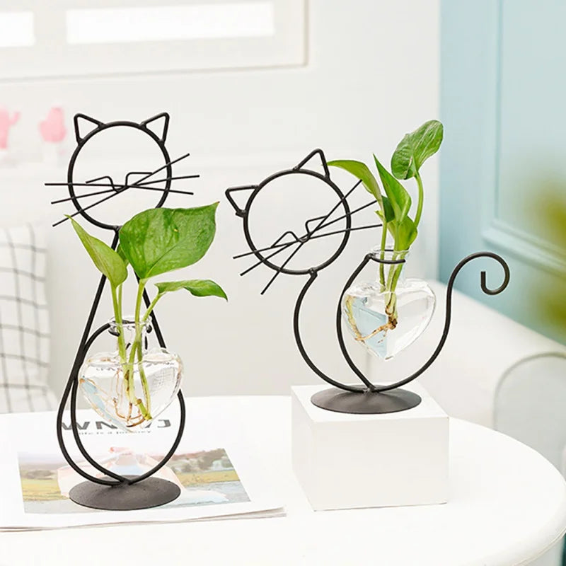 Hydroponic Glass Cat-Shaped Vase with Metal Holder - Emelay