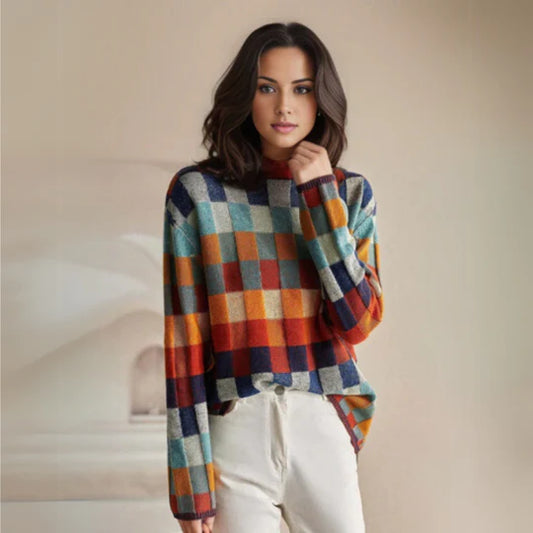 Neploe Colorful Checkerboard Knitted Sweater